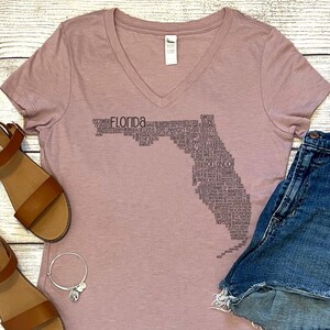 T-shirt Florida staat V-hals, shirt State Pride, shirt Florida Word Cloud, kaart van Florida, cadeau Florida, shirt Florida Home, damesshirt Florida