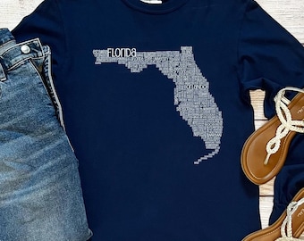 Unisex Florida Long Sleeve T Shirt, Florida Word Cloud T shirt, Map of Florida, State of Florida Shirt, Florida Gift, Home Shirt,State Shirt