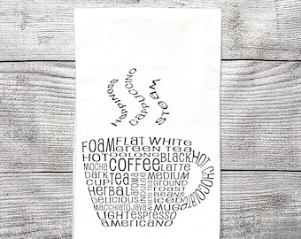 Paño de cocina con estampado de café, paño de cocina de saco de harina, paño de cocina de café, paño de cocina de algodón, decoración de arte de palabras, regalo de agente inmobiliario, regalo de casa, amantes del café
