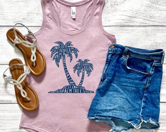 Camiseta sin mangas con palmera, camiseta sin mangas con nube de palabras de palmera, camiseta de verano, camiseta de playa tropical, camiseta sin mangas de vacaciones, camiseta sin mangas de playa, regalo de viaje