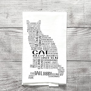 Cat Printed Dish Towel, Cat Flour Sack Tea Towel, Cotton Tea Towel, Word Art, Hostess Gift, Cat Lovers Gift, Cat Mom, Cat Kitchen Towel