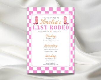 Last Rodeo Retro Nashville Bachelorette Itinerary, Pink and White Checkered, Cowboy Boots, Nashville Party, DIY Cowgirl, Lets go girls