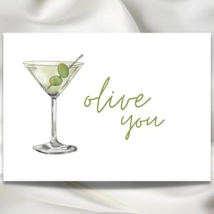 Olive You Dirty Martini afdrukbare kaart, digitale download, ik hou van je, aquarel ontwerp, Instant DIY, groene wenskaart