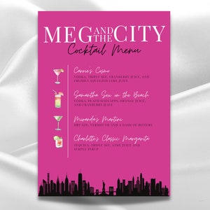 SATC Bachelorette Cocktail Menu Template | NYC Party Invite | Digital Download | Customizable DIY, Carrie Bradshaw, City Skyline