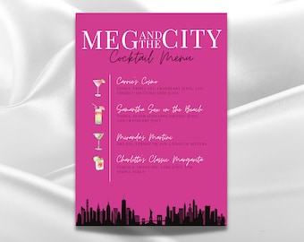 SATC Bachelorette Cocktail Menu Template | NYC Party Invite | Digital Download | Customizable DIY, Carrie Bradshaw, City Skyline