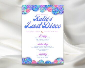 Rainbow Last Disco Bachelorette Invitation Template, Customizable, DIY, Dazed and Engaged, Let's Go Girls, Modern and Retro Invite, The 70s