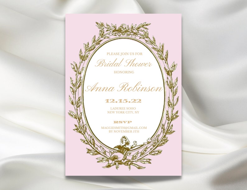 Pink French Inspired Bridal Shower Printable Invitation Digital Download Calligraphy Monogram Instant DIY French Macaroon