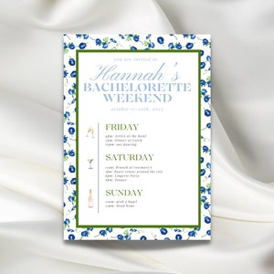 Coastal Grandmother Bachelorette Printable Invitation, Digital Download, Blue and White Floral, Instant DIY, Classy Minimalist Invite