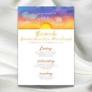 Colorful Watercolor Sunset Beach Bachelorette Invitation, 30A, Miami, Sunny Florida, Ocean, Beach Babe, Sandy Toes, Tropical Party, Bride