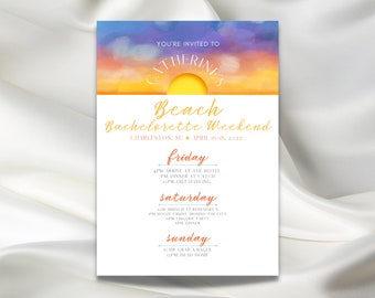 Colorful Watercolor Sunset Beach Bachelorette Invitation, 30A, Miami, Sunny Florida, Ocean, Beach Babe, Sandy Toes, Tropical Party, Bride