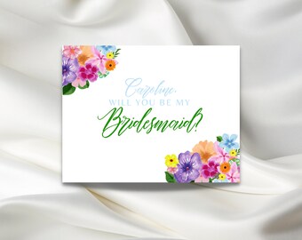 Personalized Floral Bridesmaid Proposal Card / Maid of Honor / Digital Download / At Home Printing / Colorful / Bridesmaid Gift / Flowers