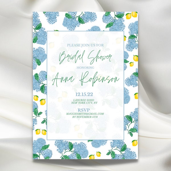 Floral and Lemon Bridal Shower Invitation, Blue and White Watercolor Template, Calligraphy, Tuscan, Italian Blue Tiles, Southern Inspired