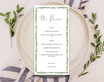 Watercolor Greenery + Floral Wedding Menu, Watercolor Event Menu, Rehearsal Dinner Menu, Watercolor Reception Dinner Menu, Customizable Menu