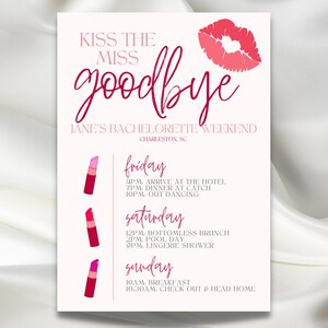Besa la plantilla de invitación de despedida de soltera de Miss Goodbye, labios rosados, descarga digital, personalizable, bricolaje, lápiz labial, invitación de labios, XOXO, beso