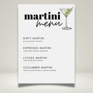 Martini Bar & Cocktail Menü Vorlage | Dirty Martini Party | Digitaler Download | Individualisierbar | DIY, Weltoffene, druckbare Getränkekarte