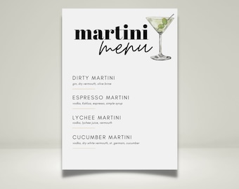 Martini Bar & Plantilla de menú de cócteles / Dirty Martini Party / Descarga digital / Personalizable / DIY, Cosmopolitan, Menú de bebidas imprimible