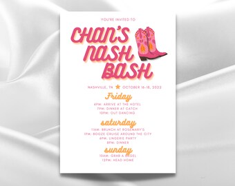 NASH BASH Cowboy Boots Bachelorette Invitation Template | Pink and Orange Party, Digital Download Invitation, Nashville, Honky Tonk Southern