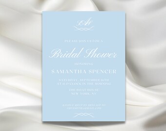 Classic Light Blue Bridal Shower Printable Invitation, Digital Download, Calligraphy, Monogram, Instant DIY, French Blue, Southern Style