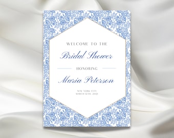 Printable Bridal Shower Welcome Sign, Blue and White Printable Template, Bridal Shower Printable Sign, Calligraphy, Instant DIY Download