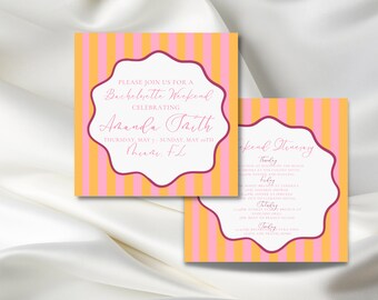 Pink and Orange Stripes Wavy Bachelorette Invitation Template, Tropical Party, Customizable, Waves Itinerary, Beach Weekend, Scallop Border