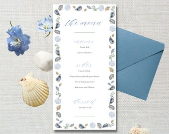 Beach Wedding Menu, Seashell Watercolor Event Menu, Rehearsal Dinner Menu, Watercolor Shells and Oysters, Elegant Beach Wedding