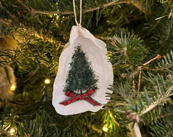 Hand-Painted Oyster Shell Christmas Ornament | Christmas Tree with Red/Green Metallic Ribbon