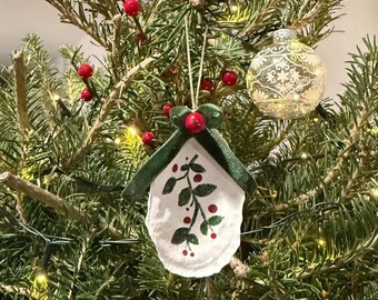 Hand-Painted Oyster Shell Christmas Ornament | Holly and Velvet | Coastal Christmas