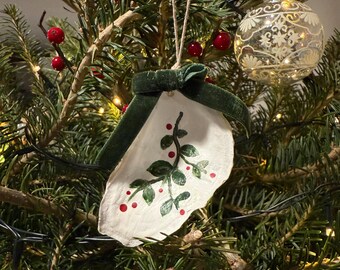 Hand-Painted Oyster Shell Christmas Ornament | Holly Berries | Coastal Christmas