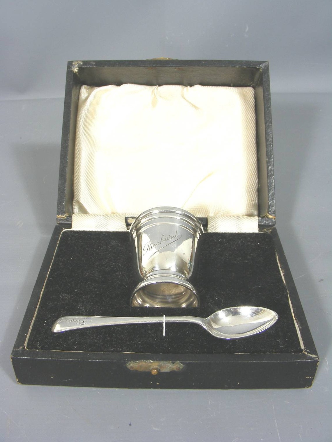 Antique Silver Egg Cup & Spoon Boxed Silver Christening Gift Etsy