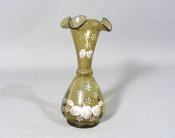 Vintage Hand Painted Enamelled Glass Vase, Hand Blown Glass Vase, Small Glass Vase, Ruffle Top Glass Vase, Free UK Postage