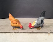 Antique Putz Chickens, Handmade Paper-Mache with Lead Feet, Pair.