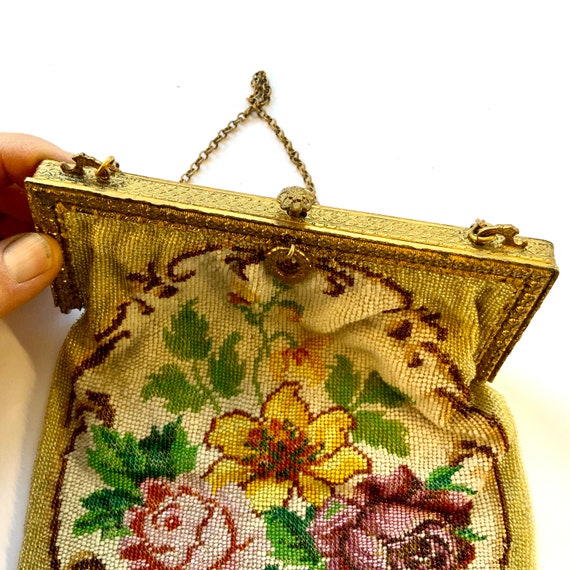 French Floral Beaded Bag, Antique Beaded Glass Pu… - image 8