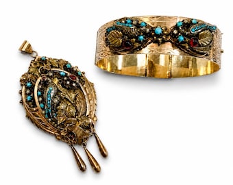 Antique Mourning Victorian 9ct Gold Bracelet and Hair Pendant with Birds, Both, Ca: 1880s.