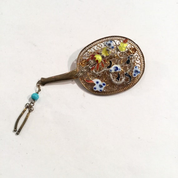 Chinese Enameled Fan Brooch, Chinese Export Silver