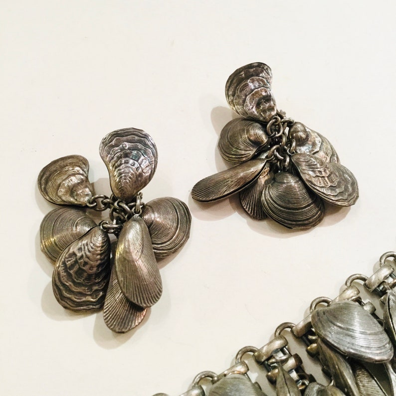 Ca Rare Sea Shell Charm Bracelet and Earrings Napier Shell Bracelet 1950s.