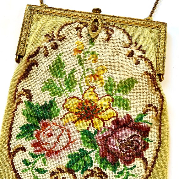 French Floral Beaded Bag, Antique Beaded Glass Pu… - image 5