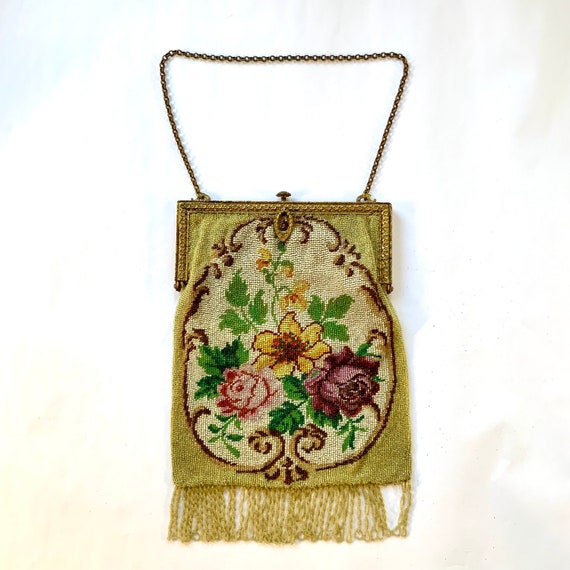 French Floral Beaded Bag, Antique Beaded Glass Pu… - image 1