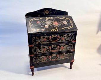 Japanese Miniature Lacquer Ware Jewelry Chest, Miniature Drop-Front Desk. Ca: 1920s.