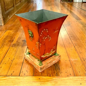 Vintage Italian Tole Cache Pot, Waste Can, Hand-Painted with Paw Feet, Ca: 1940s.