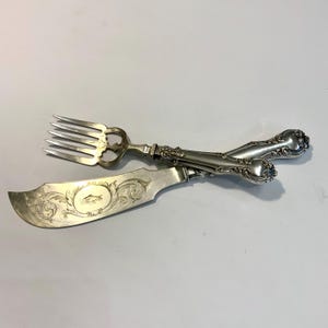 Antique Victorian Fish Server Set, Engraved Fork and Knife Server, Ca: 1880s.