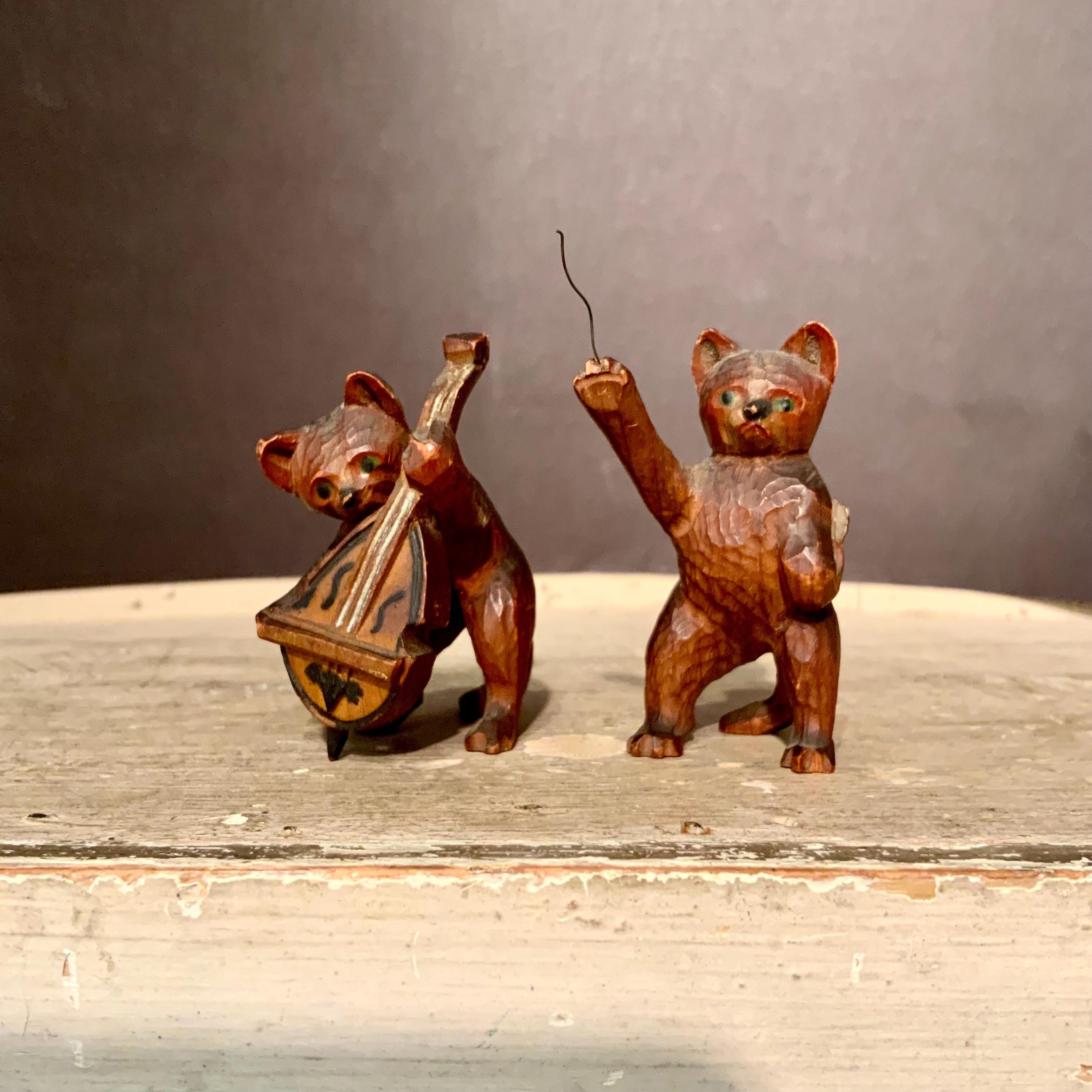 Vintage Cat Musicians, Black Forest Cat Base Player and Conductor Carvings, Ca: 1920s.