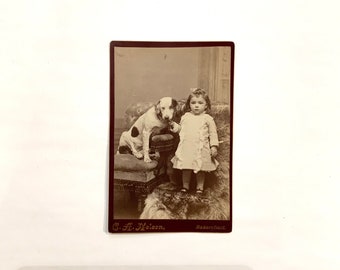 Dog Cabinet Card, Antique Photo of Young Girl and Her Dog, Bakersfield, California, Ca: 1890.