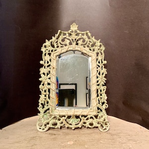 Antique Victorian Mirror, Cast Iron Frame with Beveled Mirror, Ca: 1890s.