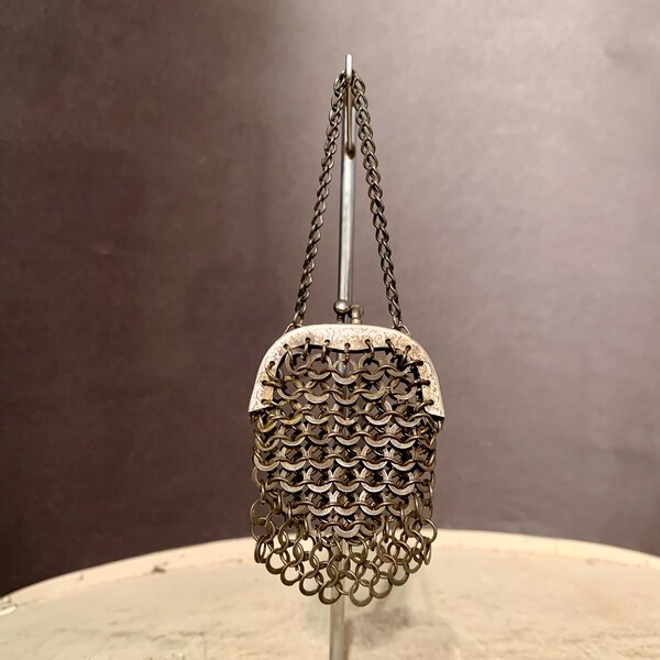 Tiny Mesh Purse, Chain Mail Doll or Coin Purse, Ca: 1870s.