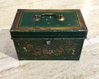 Antique Tole Box, Stenciled Green Document Box, Ca: 1870s.