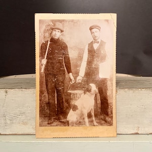 Occupational Dog Cabinet Card, Antique Photo of Two Young Painters and Their Dog., Ca: 1890s.
