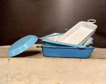 Miniature Graniteware Cooking Set, Blue and White Enamel, Four Piece Set, Ca: 1920s.