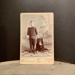 Dog Cabinet Card, Antique Photo of Young Boy and His Dog “Della”, Sandwich, Illinois., Ca: 1890s.