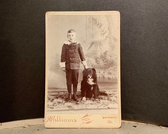 Dog Cabinet Card, Antique Photo of Young Boy and His Dog “Della”, Sandwich, Illinois., Ca: 1890s.