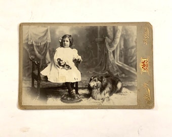 Dog Cabinet Card, Young Girl with Doll and Her Dog, Belfast, Ireland, Ca: 1890s.